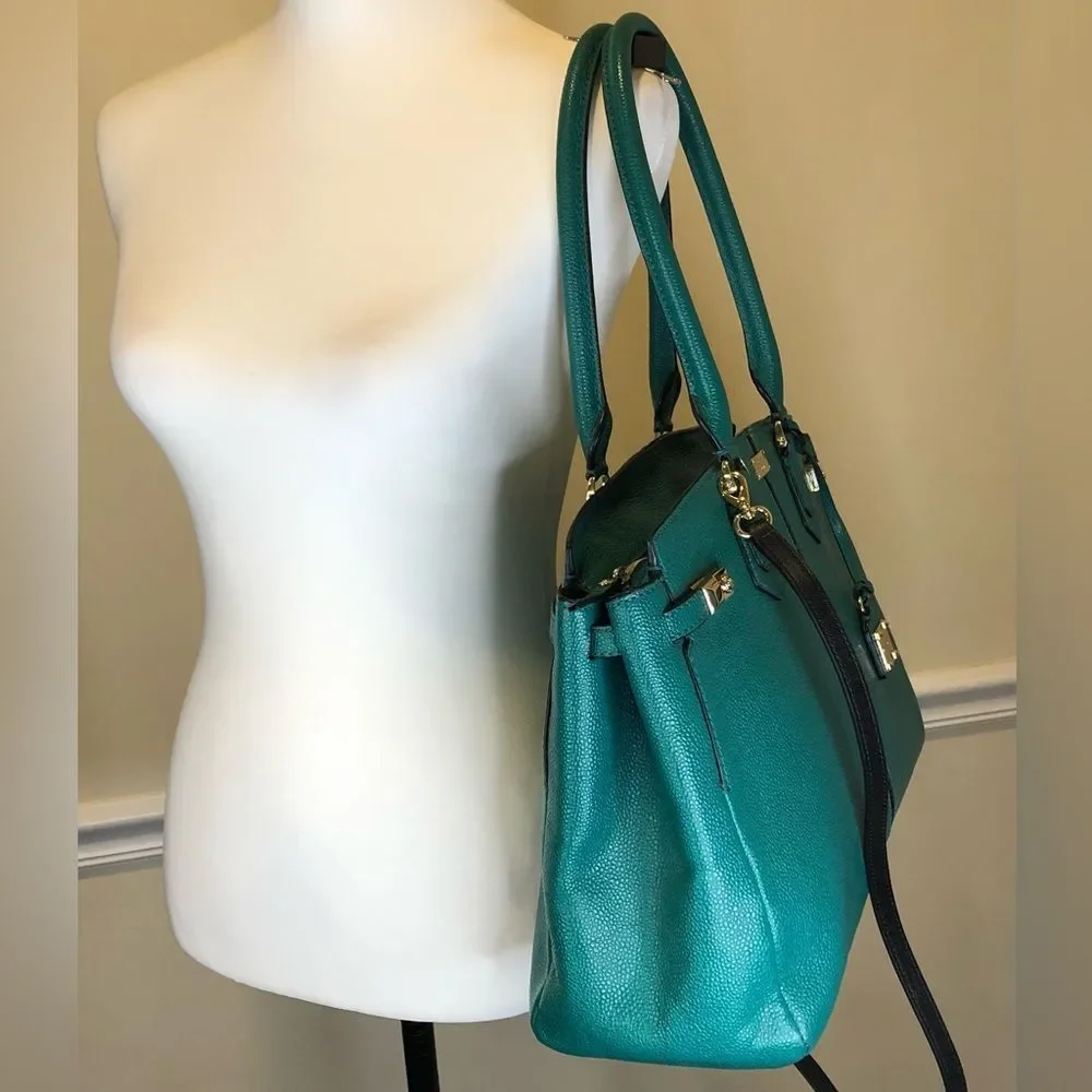 HENRI BENDEL Teal Caviar Carlyle Leather Tote Shoulder Bag Wallet & Strap SET